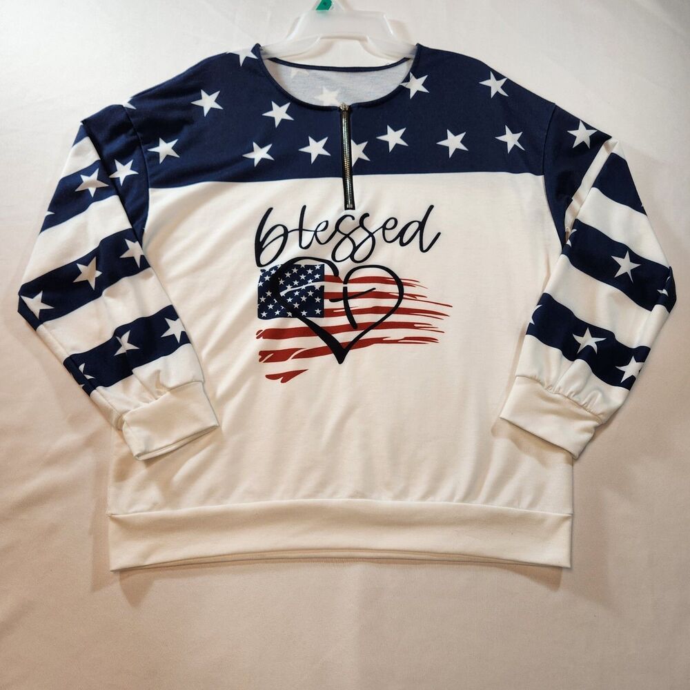 Blessed Womens Sweatshirt Size Medium Red White Blue 1/4 Zip Stars Stripes Heart
